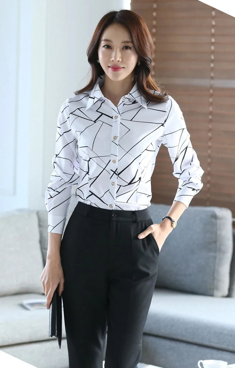 2025 New Women's White Striped Blouse Korean Slim Long Sleeve Printted Turn Down Collar Shirts Single-breasted Office Lady Shirt