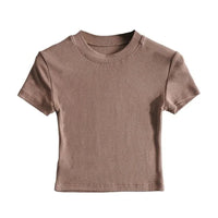 New in Summer Women's Hot Pure Sexy Slim Round Neck Color Short Shoulder Tops Fashionable Casual Wear Grey Short Sleeve T-Shirt Natalia Home Fashion    Natalia Home Fashion