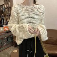 Hollow out Knitwear Women's Design Lazy Style Outerwear French Vintage Casual Loose Fit Sleeve Top - Natalia Home Fashion