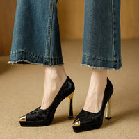 Fashion Women's Shoes Thin Block Heels 11cm Pointed Toe Shallow Mouth Ladies Pumps Party Shoes