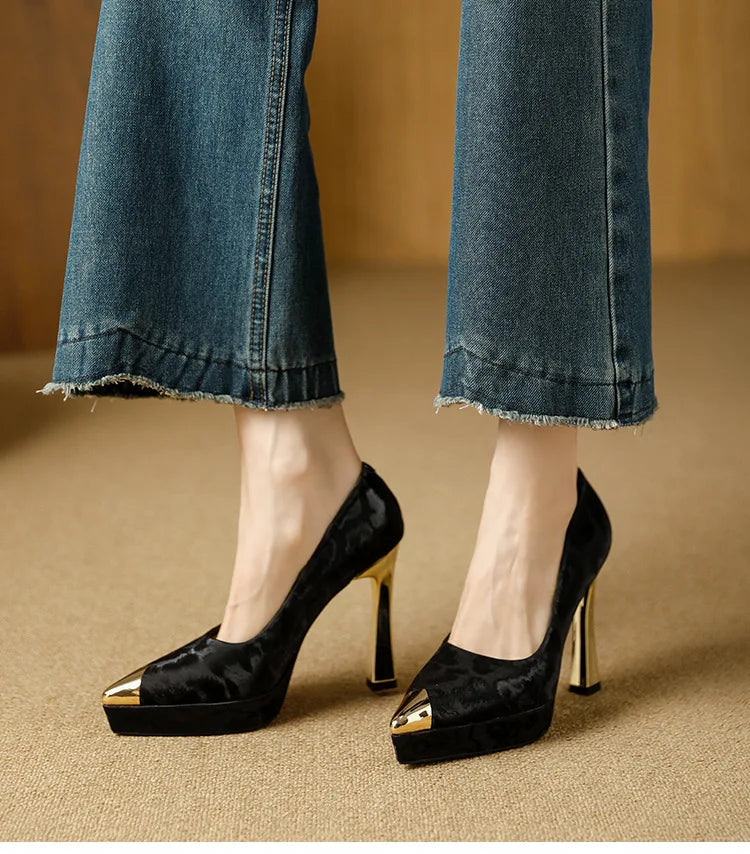 Fashion Women's Shoes Thin Block Heels 11cm Pointed Toe Shallow Mouth Ladies Pumps Party Shoes