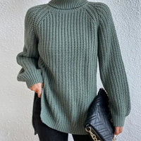 Turtlenecks Women Pullovers Mid-Long Casual Knit Sweater Fad Raglan Sleeves Side Slit Sweater New Skirt-style Jumper