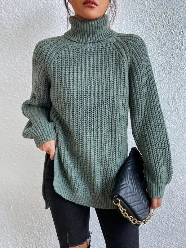 Turtlenecks Women Pullovers Mid-Long Casual Knit Sweater Fad Raglan Sleeves Side Slit Sweater New Skirt-style Jumper