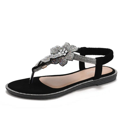 Womens Bohemian Floral Rhinestone Sandals Elegant Crystal Flower Décor Elastic Ankle Strap Soft Cushioned Insole Non Slip Sole