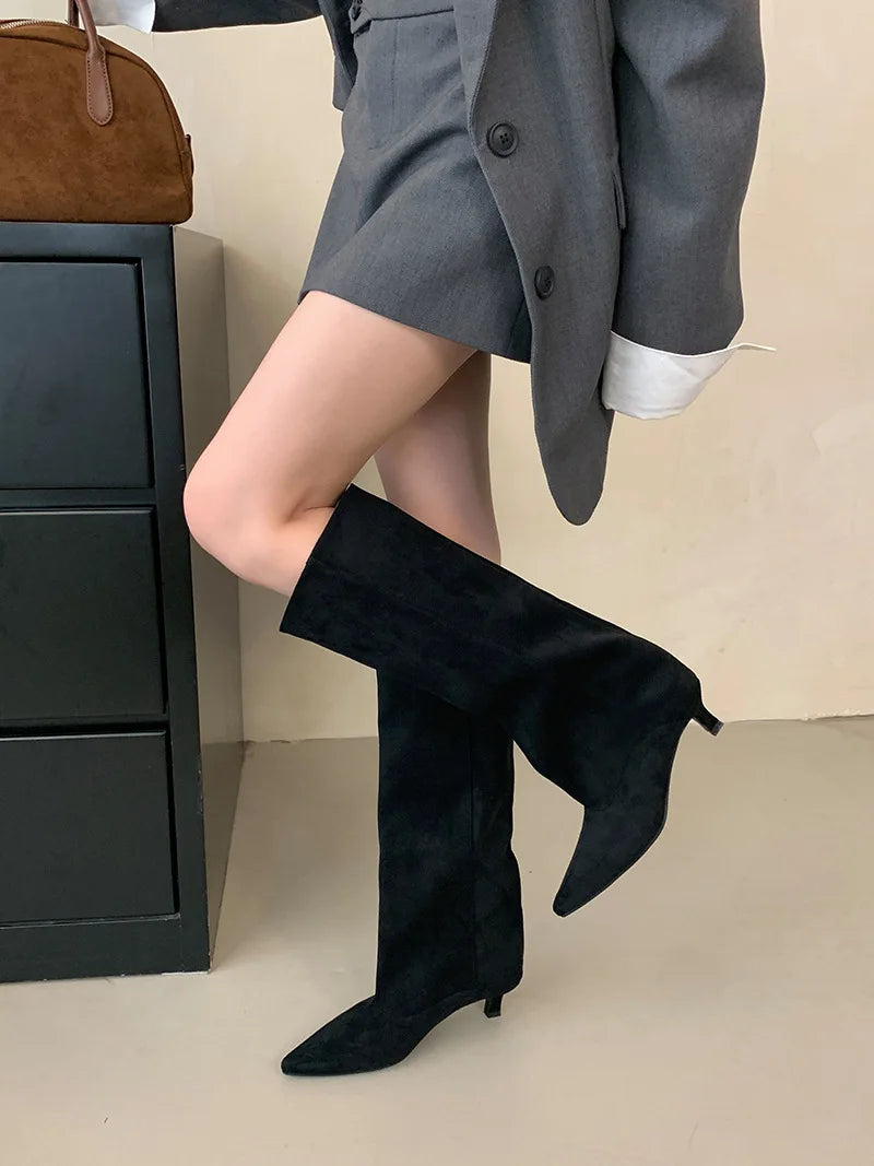 Street Style Pointed Toe Knee-High Boots Women Low Heels Shoes Female Long Booties Women Shoes