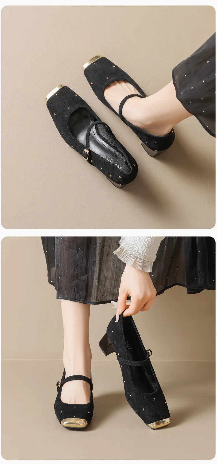 Retro Square Head Mary Jane Shoes Women Comfortable Slip-On High Heels Casual Velvet Upgraded Rubber Sole