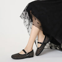 French-style rhinestone mesh Mary Jane shoes, breathable shallow single shoes, fairy-style soft-soled flat shoes