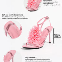Ladies High Heel Sandals with 3D Fluffy Flower Decorations round Toe Thin Heel Spring Summer Night Club Fashionable Party Shoes