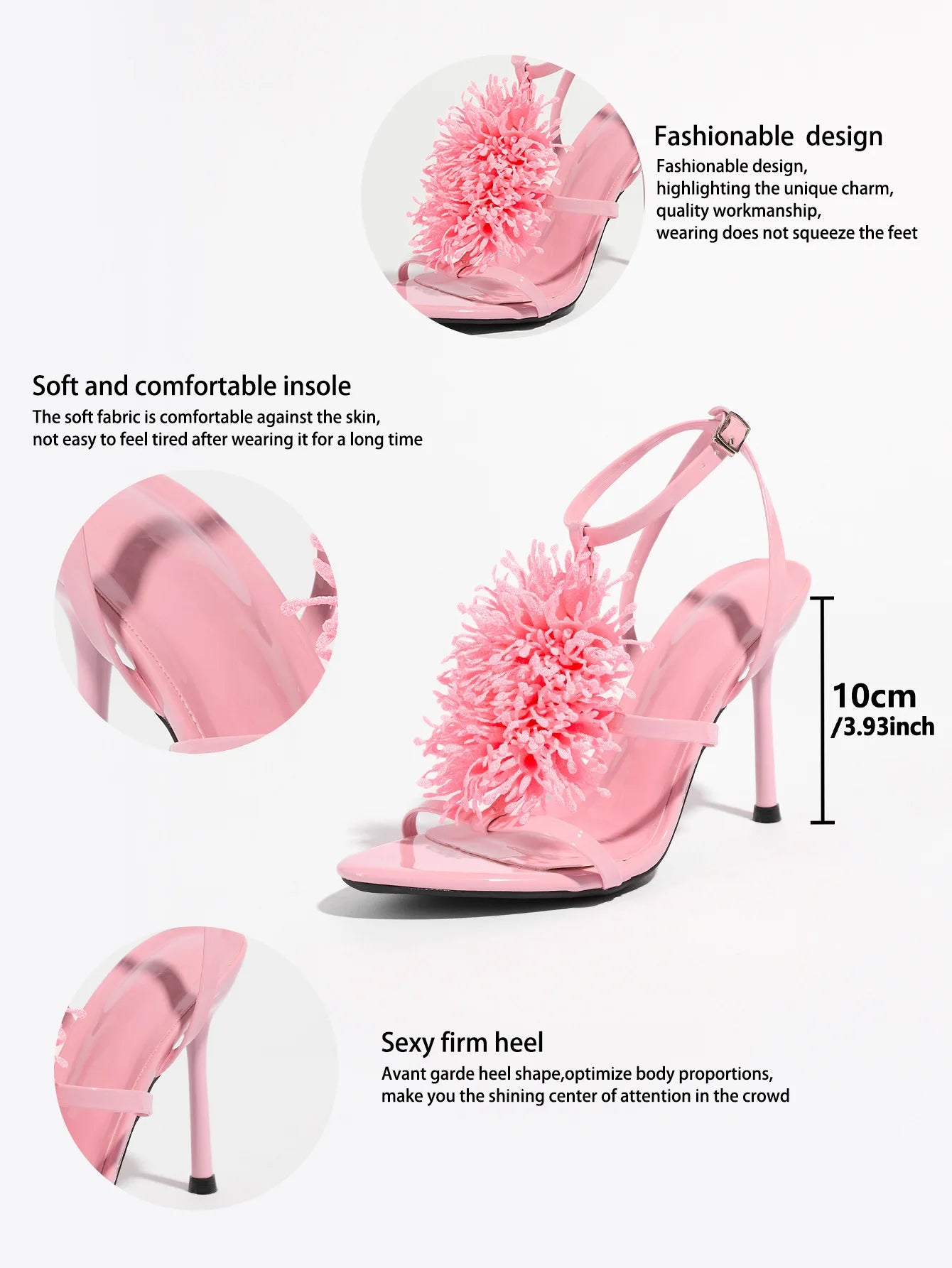 Ladies High Heel Sandals with 3D Fluffy Flower Decorations round Toe Thin Heel Spring Summer Night Club Fashionable Party Shoes