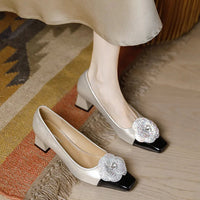 Rhinestone Camellia Flower Women's Shoes Square Toe Thick Heels 5cm Ladies Pumps Party Shoes