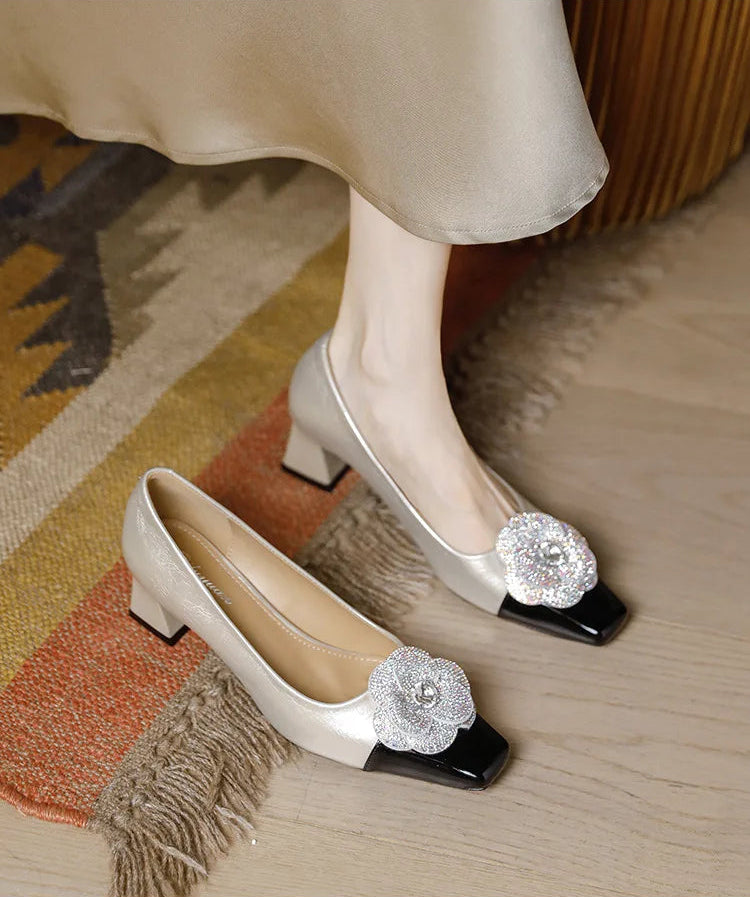 Rhinestone Camellia Flower Women's Shoes Square Toe Thick Heels 5cm Ladies Pumps Party Shoes
