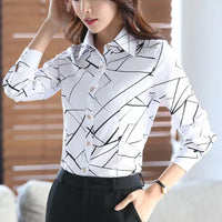 2025 New Women's White Striped Blouse Korean Slim Long Sleeve Printted Turn Down Collar Shirts Single-breasted Office Lady Shirt