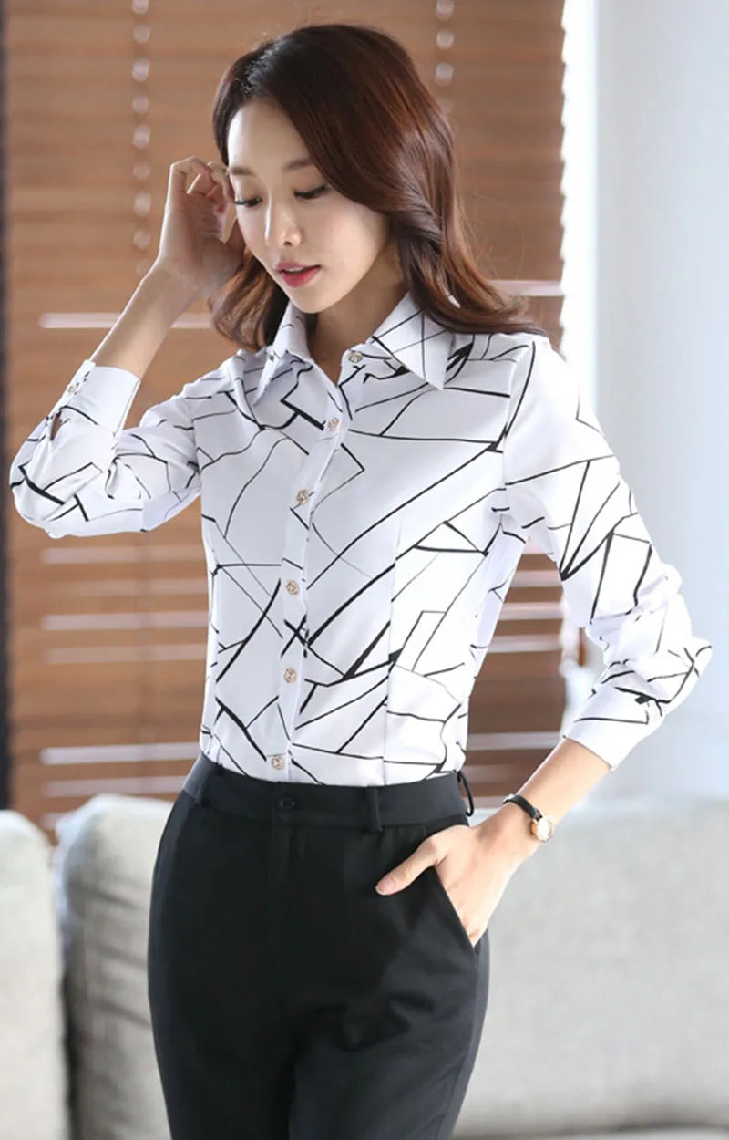 2025 New Women's White Striped Blouse Korean Slim Long Sleeve Printted Turn Down Collar Shirts Single-breasted Office Lady Shirt