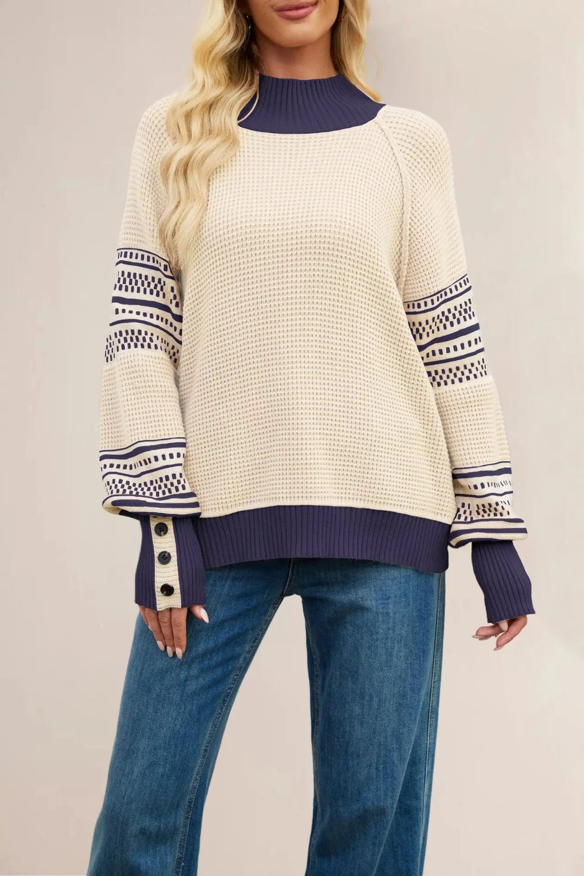 Women Mock Neck Knit Sweater Color Block Geometric Pattern Raglan Long Sleeve Button Cuff Loose Fall Winter Pullover Jumper Natalia Home Fashion    Natalia Home Fashion