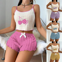 2 pcs Pajamas Set for Women Casual Simple Ground Wool Halter Vest Shorts Set Home Wear Sleepwear Lounger wear