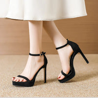 Brand Design Ankle Straps Women Sandals 11Cm Open Toe Platform Party Pumps Flock Leather High Heels