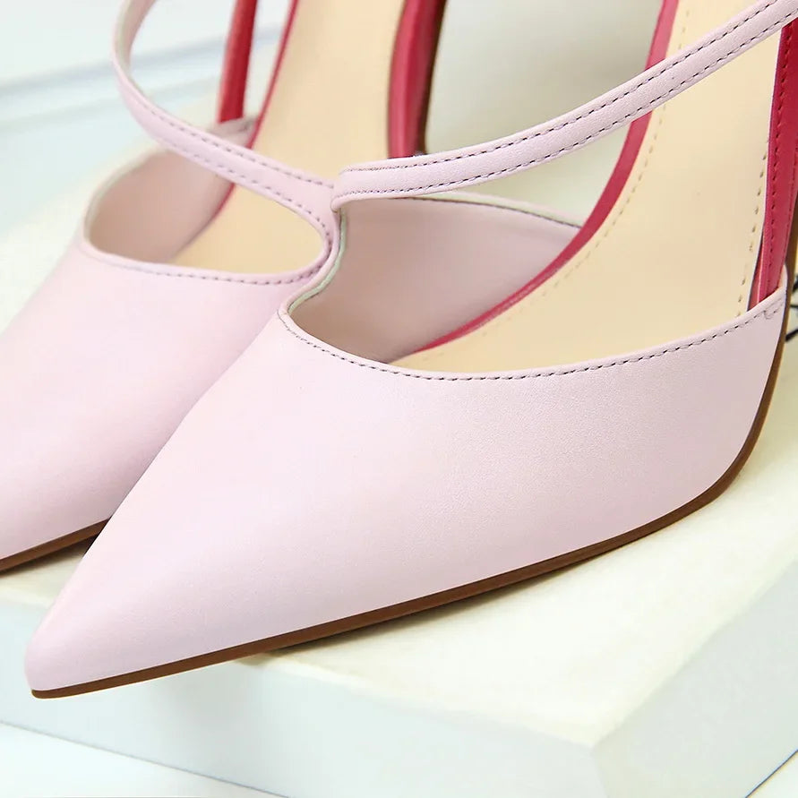 Women 9.5cm High Heels Sandals Nightclub Stripper Heels Sexy Patchwork Party Ankle Strap 2 tone Shoes