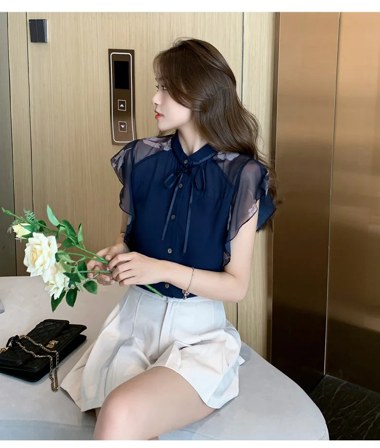 Women flare Short Sleeve blue shirts lady chiffon tops
