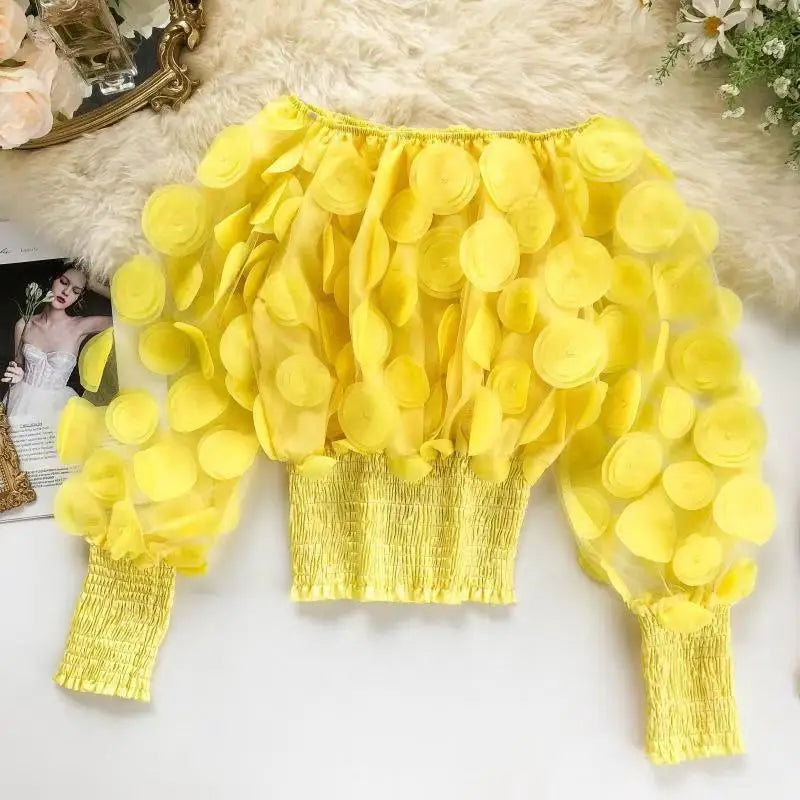 Fashion Women's Shirt Floral Pattern Shirred Sheer Mesh Patch Long Sleeve Off The Shoulder Gigot Sleeve Top