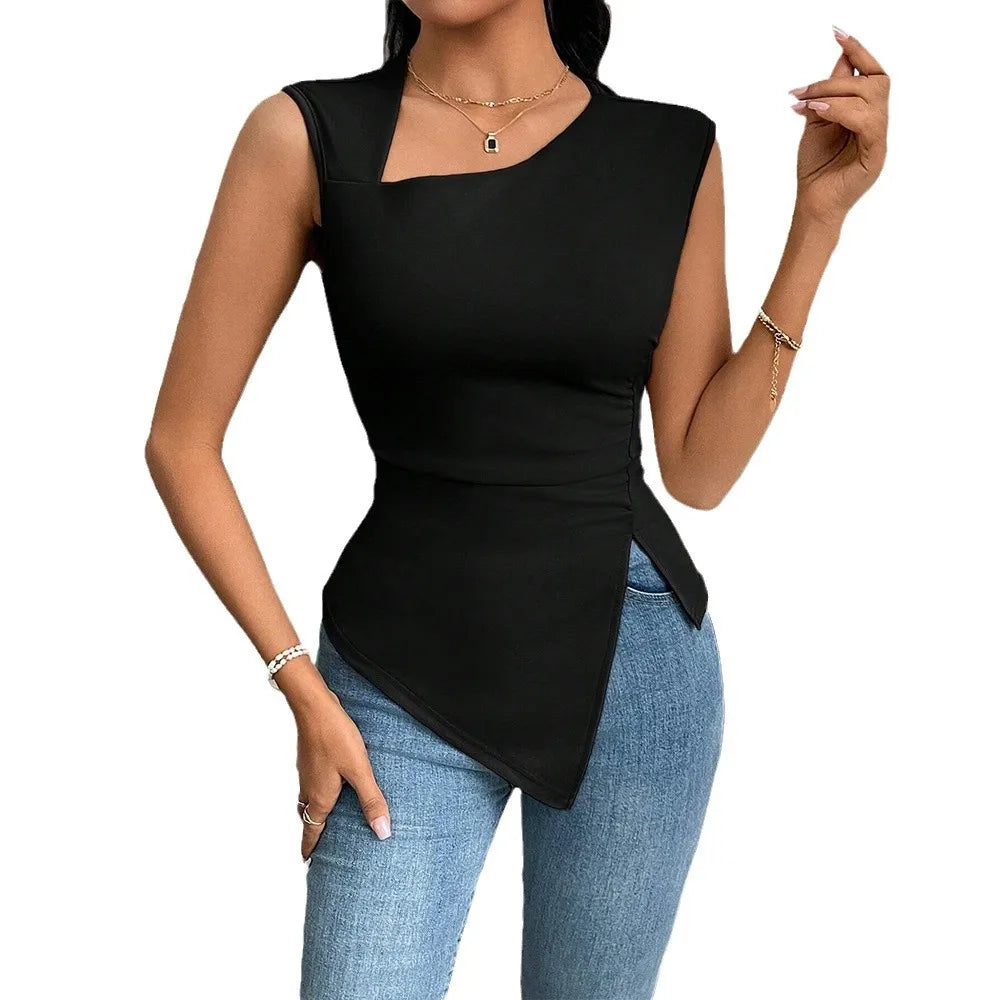 Spring Summer Elegant Stylish Daily Dating Casual Women's Sleeveless Tops Side Ruched Asymmetric Hem One-Shoulder Cut out