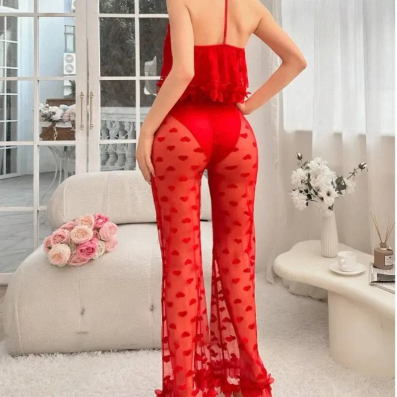 Women Pajamas Strap Lace Top Transparent Pants Sexy Lingerie Women Mesh Love Pants Camisole Halter Tops Hot Women's Night Shirts