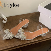 Fashion Design Crystal Bowknot Women Pumps Sexy Pointed Toe Clear High Heels Wedding Prom Shoes PVC Transparent Sandals
