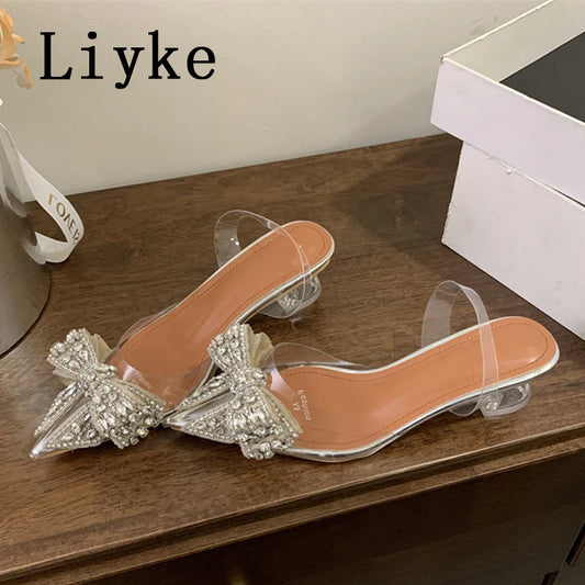 Fashion Design Crystal Bowknot Women Pumps Sexy Pointed Toe Clear High Heels Wedding Prom Shoes PVC Transparent Sandals