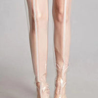 Sexy Transparent PVC High Heels Thigh Boots Pointed Toe Crystal Heels Women Clear Over The Knee Runway Stage Boots