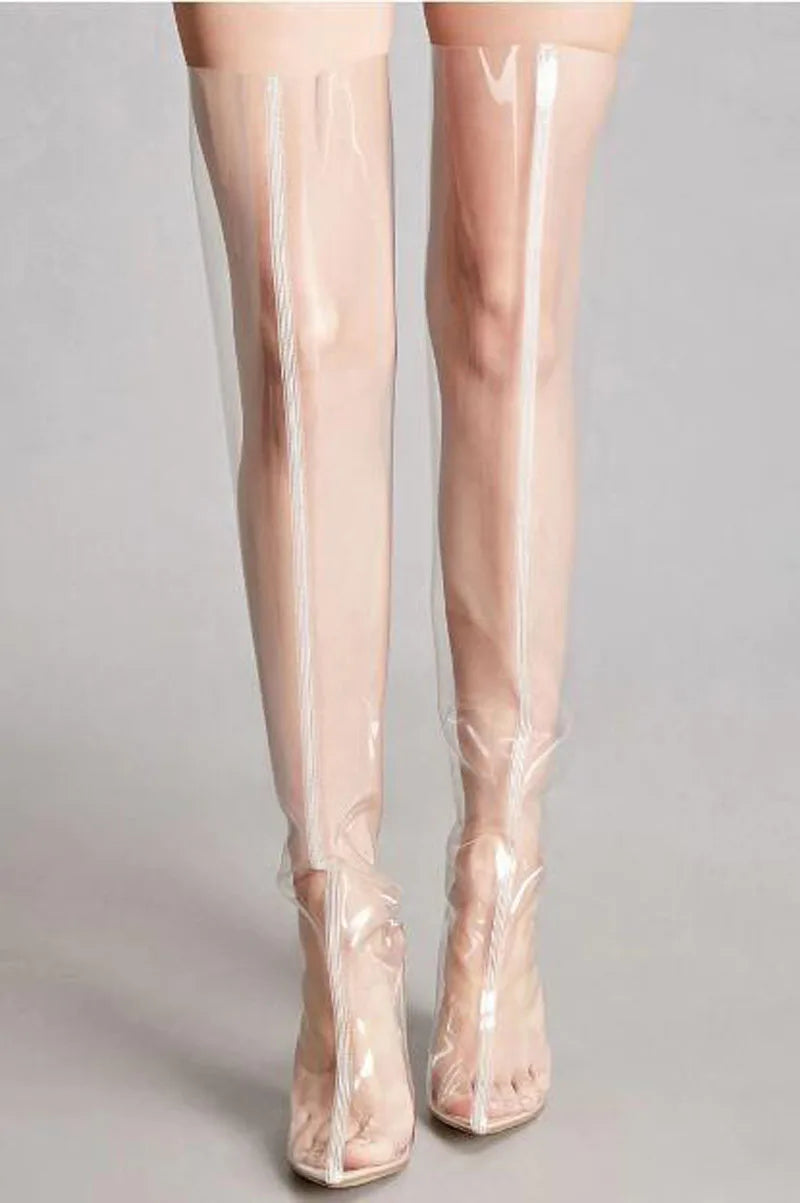 Sexy Transparent PVC High Heels Thigh Boots Pointed Toe Crystal Heels Women Clear Over The Knee Runway Stage Boots