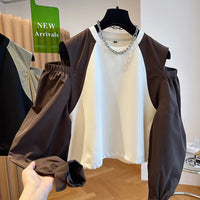 Contrast Color Tops Women Loose Casual Long Sleeve O Neck Off Shoulder Preppy All Match shirts
