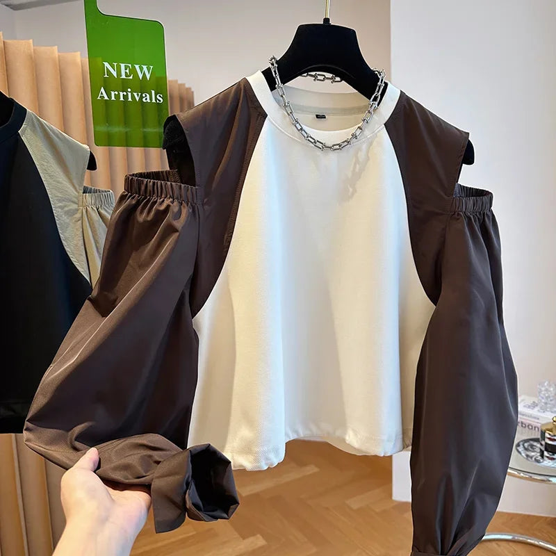 Contrast Color Tops Women Loose Casual Long Sleeve O Neck Off Shoulder Preppy All Match shirts