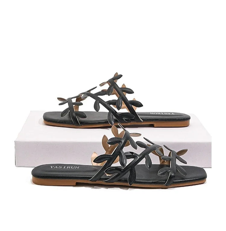 Leaf Pattern Women's Sandals Outdoor Wear New Style Beach Flat Bottom Slip-On Holiday Comfortable Breathable Flats
