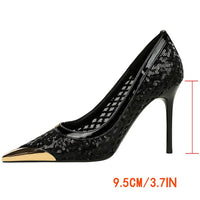 Luxury high heels Sequin mesh Women Pumps Metal pointed tip Women heels 9.5 CM Stiletto Fashion banquet shoes Sexy party shoes