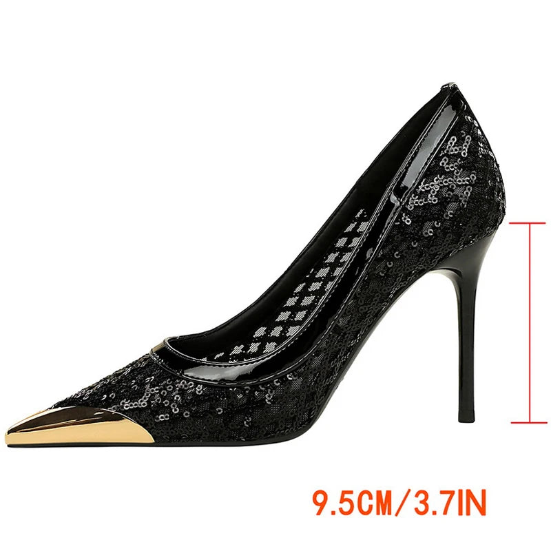 Luxury high heels Sequin mesh Women Pumps Metal pointed tip Women heels 9.5 CM Stiletto Fashion banquet shoes Sexy party shoes