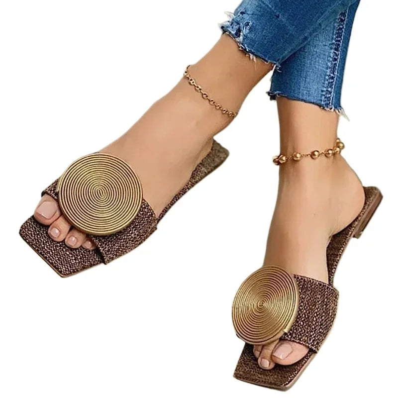 Women's Outdoor Casual Sandals Square Toe Flat Heel Round Disk Décor Daily Wear Beach Slippers for Women - Natalia Home Fashion