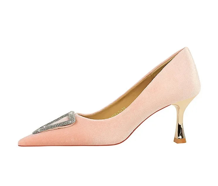 Designer Women Heels Prom Pumps Lady Velvet Pointed Toe 7cm Thin High Heels Pearl Crystal Buckle Shoes