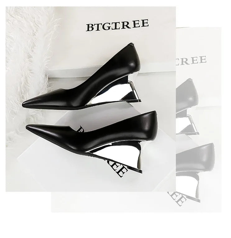 Spring Fashion Pointed Toe Pumps Woman Metal Decoration Wedges Heels Elegant Ladies Shoes