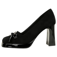 Chunky Block Heels Women Pumps Bow Decoration High Heels Square Headed Platform High Heels Suede Ladies Shoes
