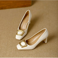 Basic Shallow Square Toe Women Pumps High Quality PU Leather Matte Thick Heel Office Shoes Woman Maroon 7CM High Heels
