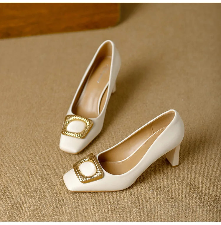 Basic Shallow Square Toe Women Pumps High Quality PU Leather Matte Thick Heel Office Shoes Woman Maroon 7CM High Heels