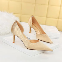 Shoes Woman Pumps Pointed Toe Shallow High Heels Snakeskin Satin Thin Heel Sandals Stiletto Party Shoes