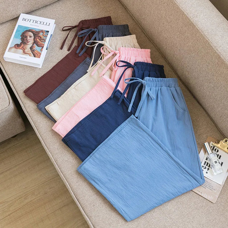 Casual Baggy Wide Leg Trousers Women Summer Thin Comfy Breathable Ankle Length Pants Vintage Loose Cotton Linen Straight Pants