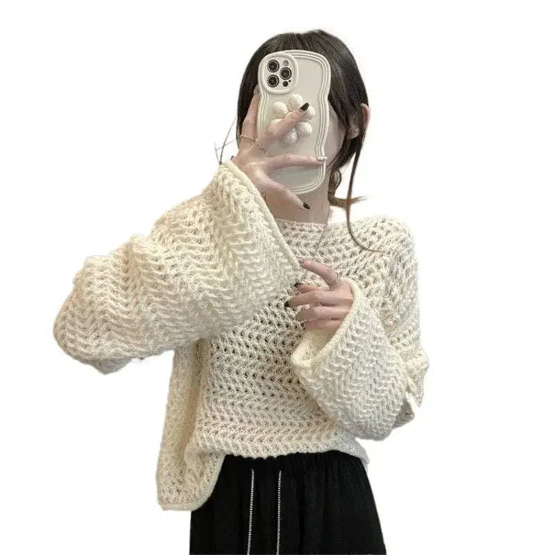 Hollow out Knitwear Women's Design Lazy Style Outerwear French Vintage Casual Loose Fit Sleeve Top - Natalia Home Fashion