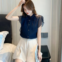 Women flare Short Sleeve blue shirts lady chiffon tops
