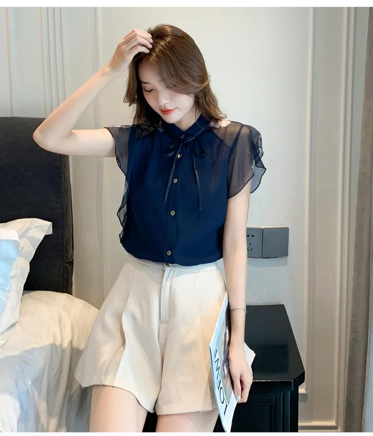 Women flare Short Sleeve blue shirts lady chiffon tops