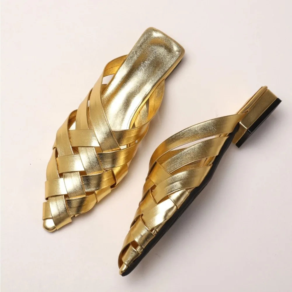 Hollow Woven Pointed Cool Slippers Women's Summer Thick Heel Outer Wear Bag Head Half Slippers Women Sandals