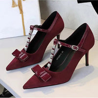 Banquet Bow Rivet T-button Pointed Head High Heel Women's Single Shoes