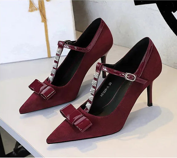 Banquet Bow Rivet T-button Pointed Head High Heel Women's Single Shoes