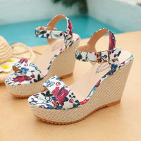 Bohemian Thick Heel Platform Sandals Women's Flip Flops Flower Ribbon Beach Shoes Comfortable round Toe Roman Style