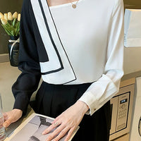New Long Sleeve Skew Collar Women Blouse Patchwork Chiffon Blouse Shirt Women Tops Blouses Shirts Blusas Para Mujer Camisas A823 Natalia Home Fashion    Natalia Home Fashion